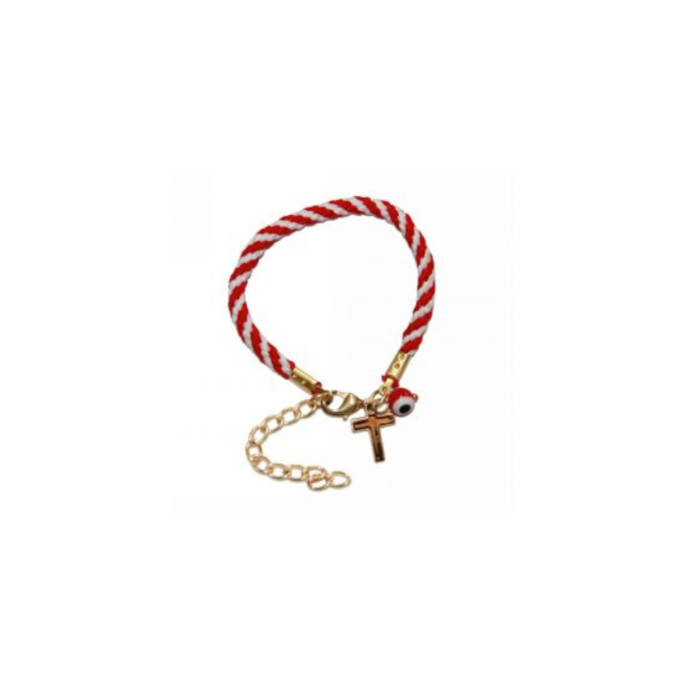 Βραχιόλι Μάρτης με χοντρό σχοινί και μπίλια μάτι και σταυρό 16cm (1539-613)