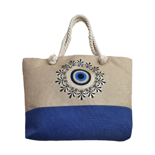 Τσάντα Παραλίας από Λινάτσα με Σχέδιο Ματιού & Μαίανδρο – 54x37x15 εκ.