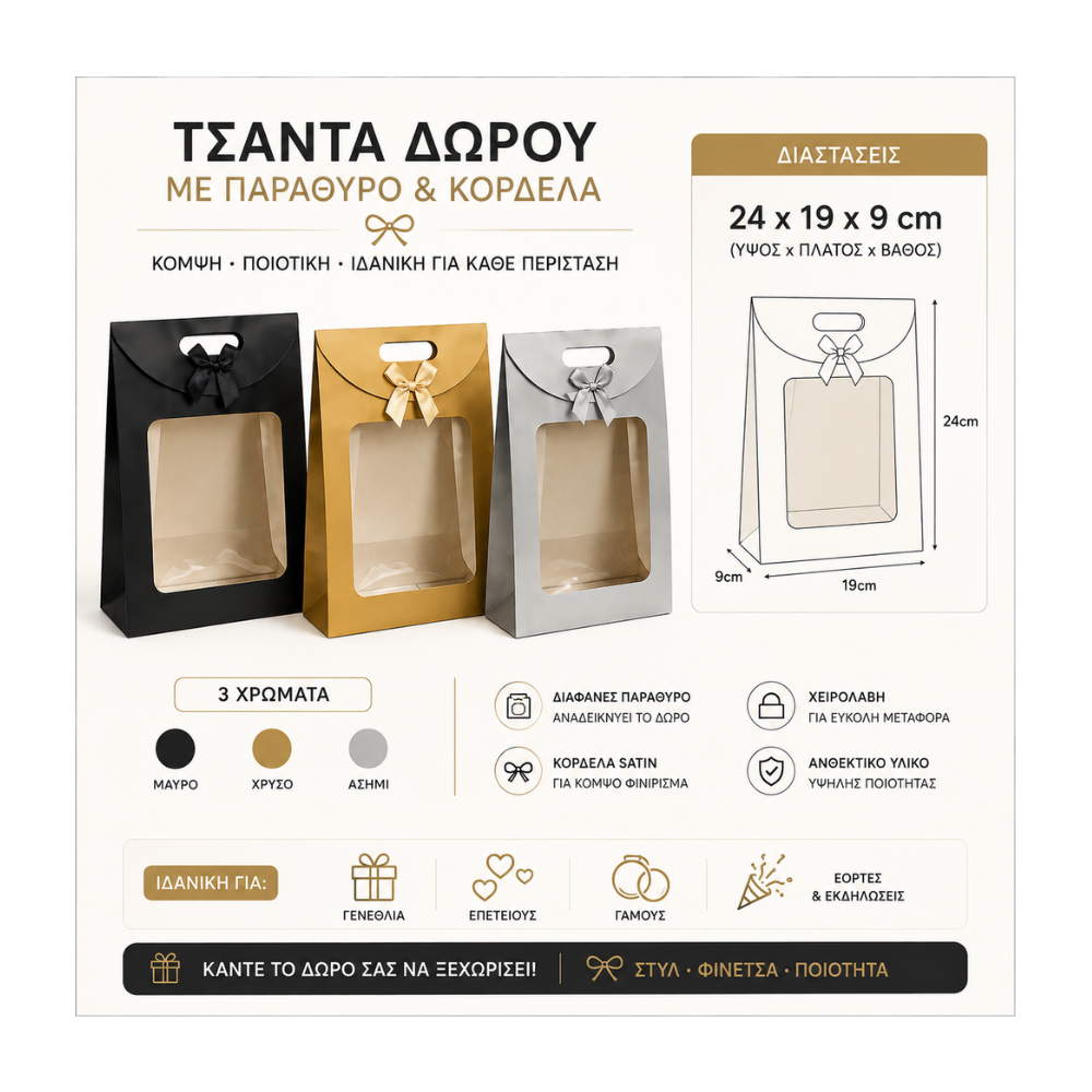 Τσάντα Δώρου με Παράθυρο και Κορδέλα - Ασημί - 24x19x9 (74314-3)