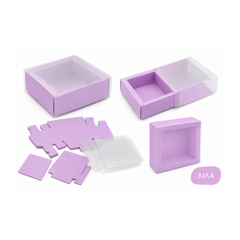 Χάρτινο Συρταρωτό Κουτί με Ζελατίνα 8,5x8,5x3cm – Σετ 12 τεμ. – Λιλά (0402355)