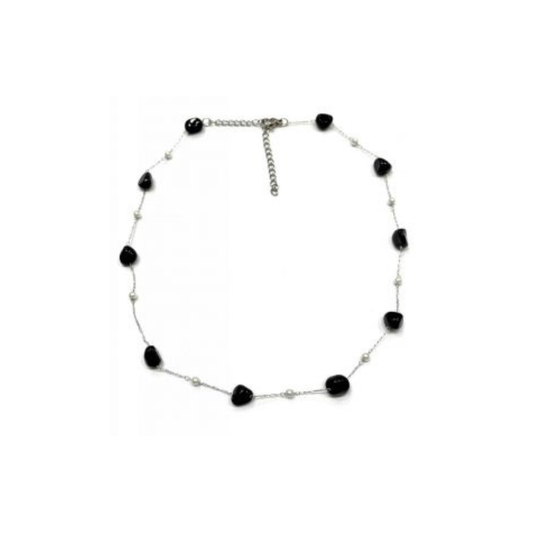 Γυναικείο κολιέ από επιχρυσωμένο ατσάλι σε ασημί απόχρωση και μαύρες χάντρες (1013-908A5)