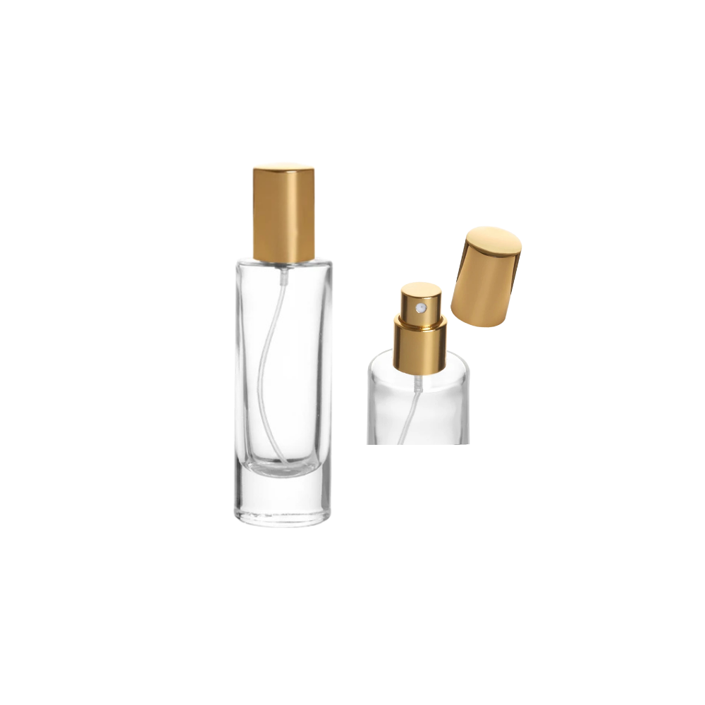Γυάλινο μπουκάλι 30 ml διάφανο με σπρέι και χρυσό καπάκι αλουμινίου