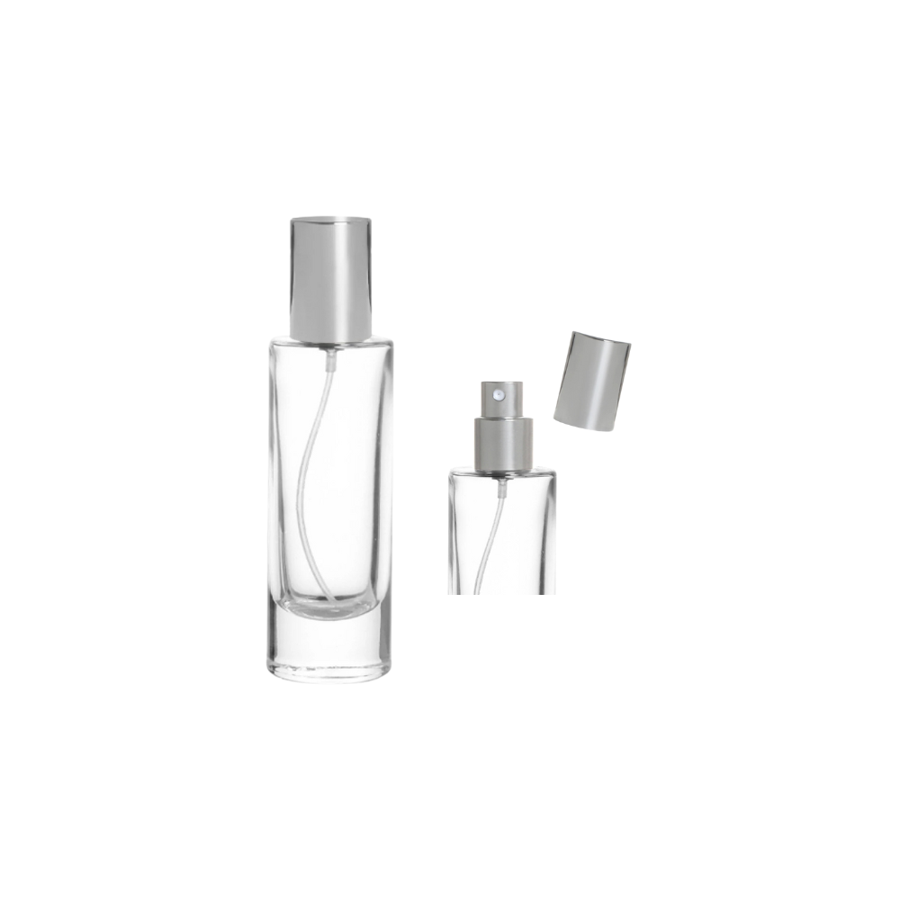 Γυάλινο μπουκάλι 30 ml διάφανο με σπρέι και ασημί καπάκι αλουμινίου