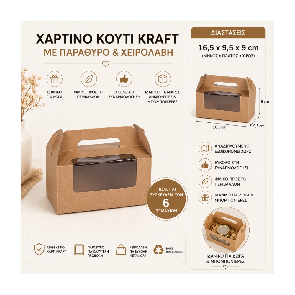 Χάρτινο Κουτί Kraft με Παράθυρο και Χειρολαβή 16,5x9,5x9cm (6 Τεμάχια) (370152)