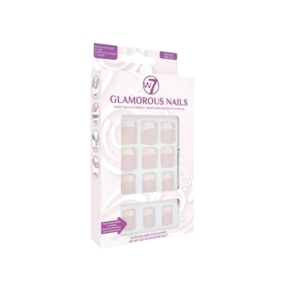 W7 Glamorous Nails French Timeless Τεχνητά Νύχια Γαλλικού Μανικιούρ με Κόλλα 24τμχ