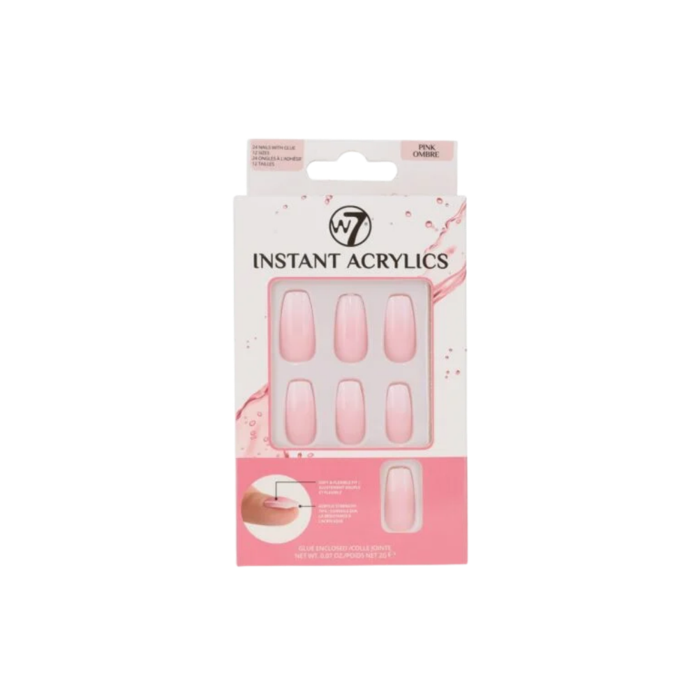 W7 Instant Acrylics Pink Ombre Τεχνητά Νύχια με Κόλλα 24τμχ