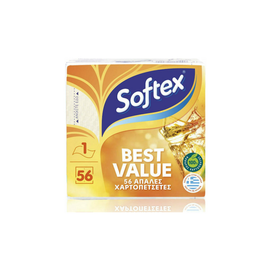 Softex Best Value 56 Χαρτοπετσέτες Μονόφυλλες Λευκές 86gr
