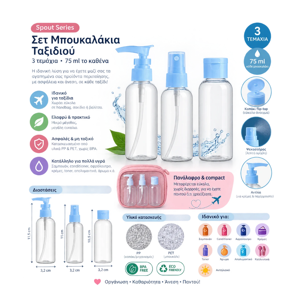 TNS Μπουκαλάκια Ταξιδιού Γαλάζιο Καπάκι 3 τμχ
