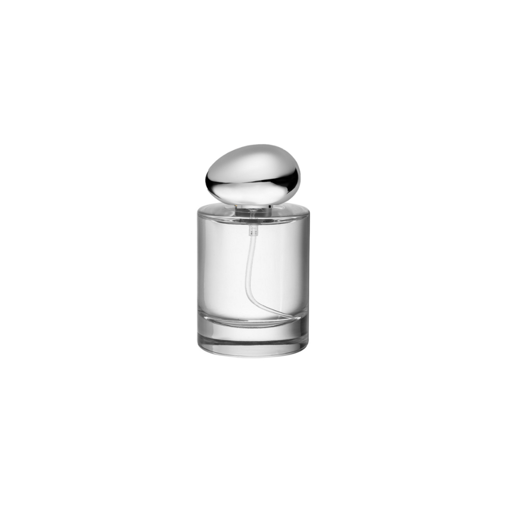 Γυάλινο μπουκάλι 50 ml διάφανο με σπρέι και ασημί καπάκι αλουμινίου